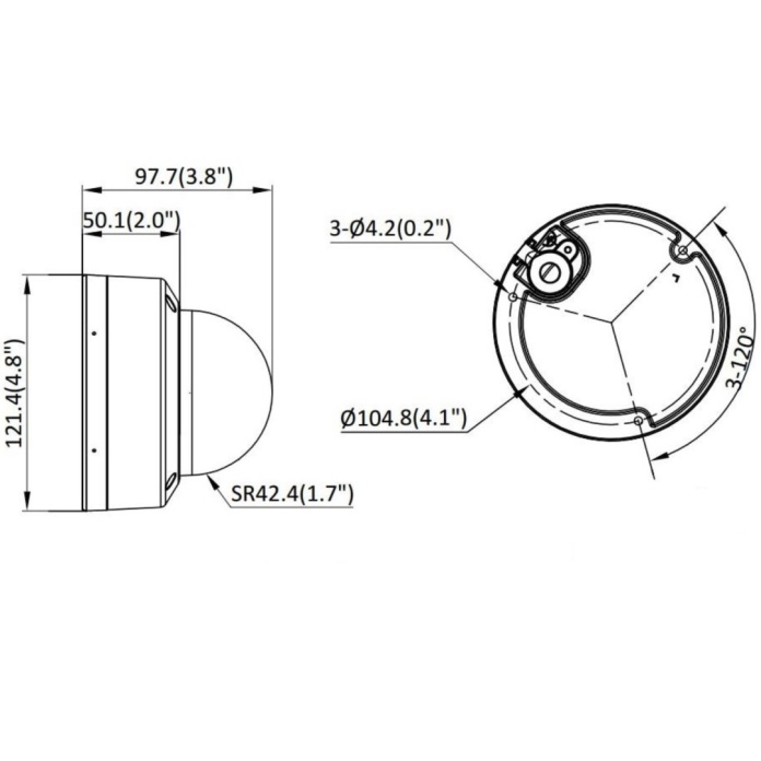 Rysunek techniczny kamery kopułkowej Hikvision 8Mpx